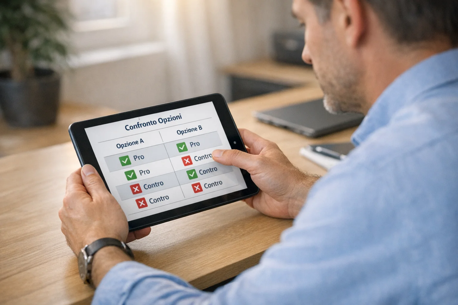 Persona che confronta diverse opzioni su tablet