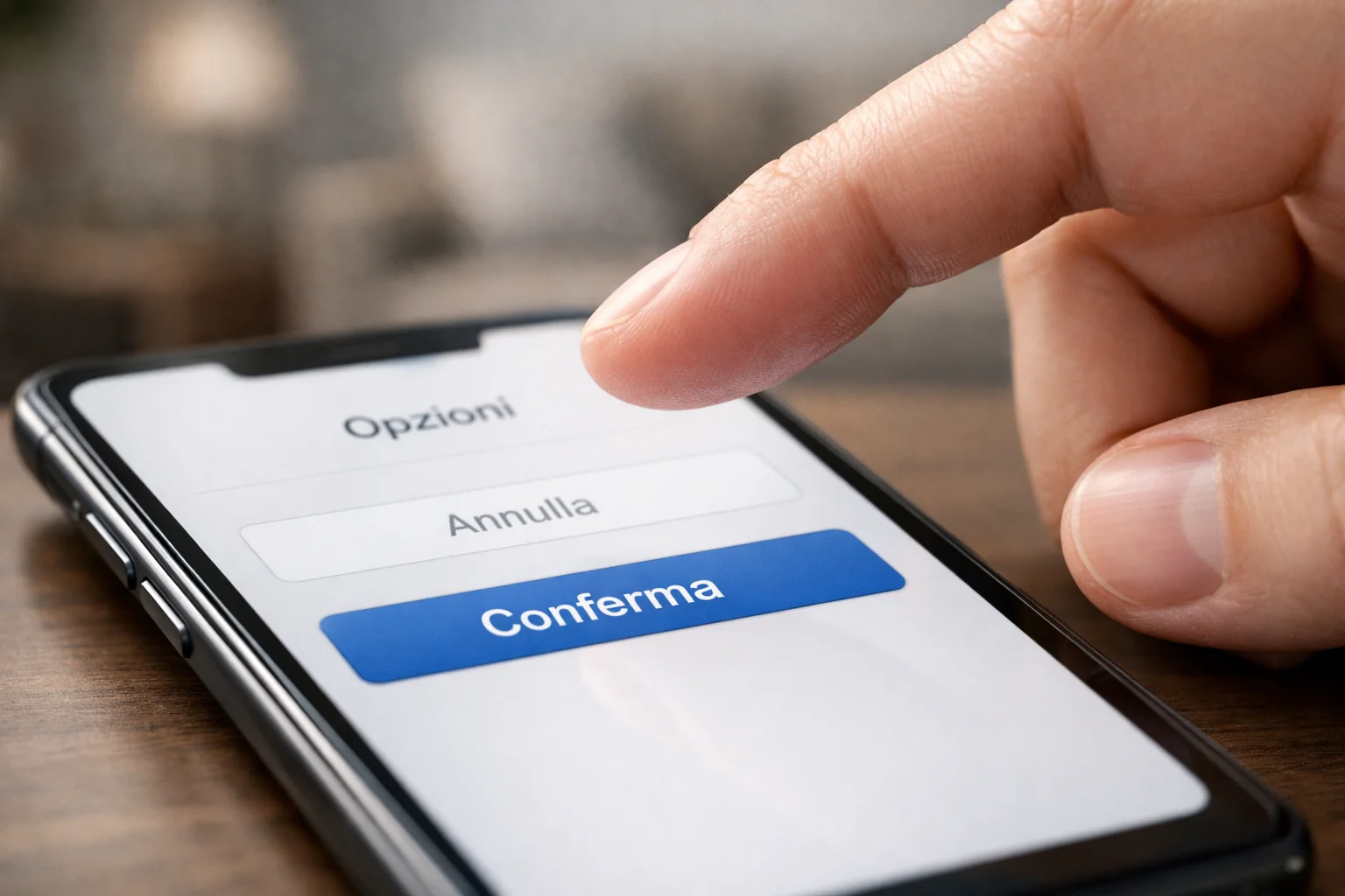 Mano che preme un pulsante su smartphone