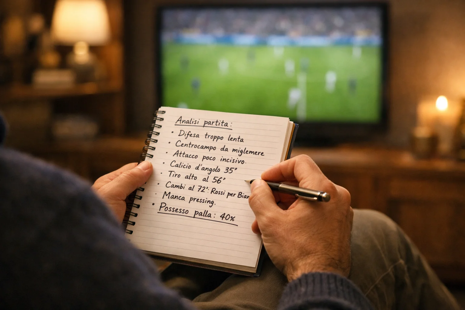 Persona che analizza appunti su un blocco note con partita in TV sullo sfondo