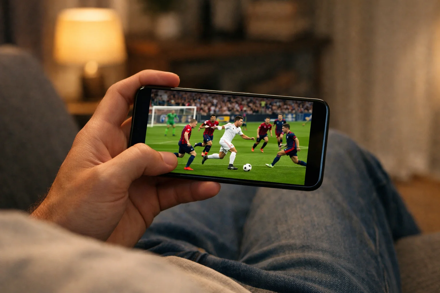 Smartphone che mostra una partita di calcio in streaming