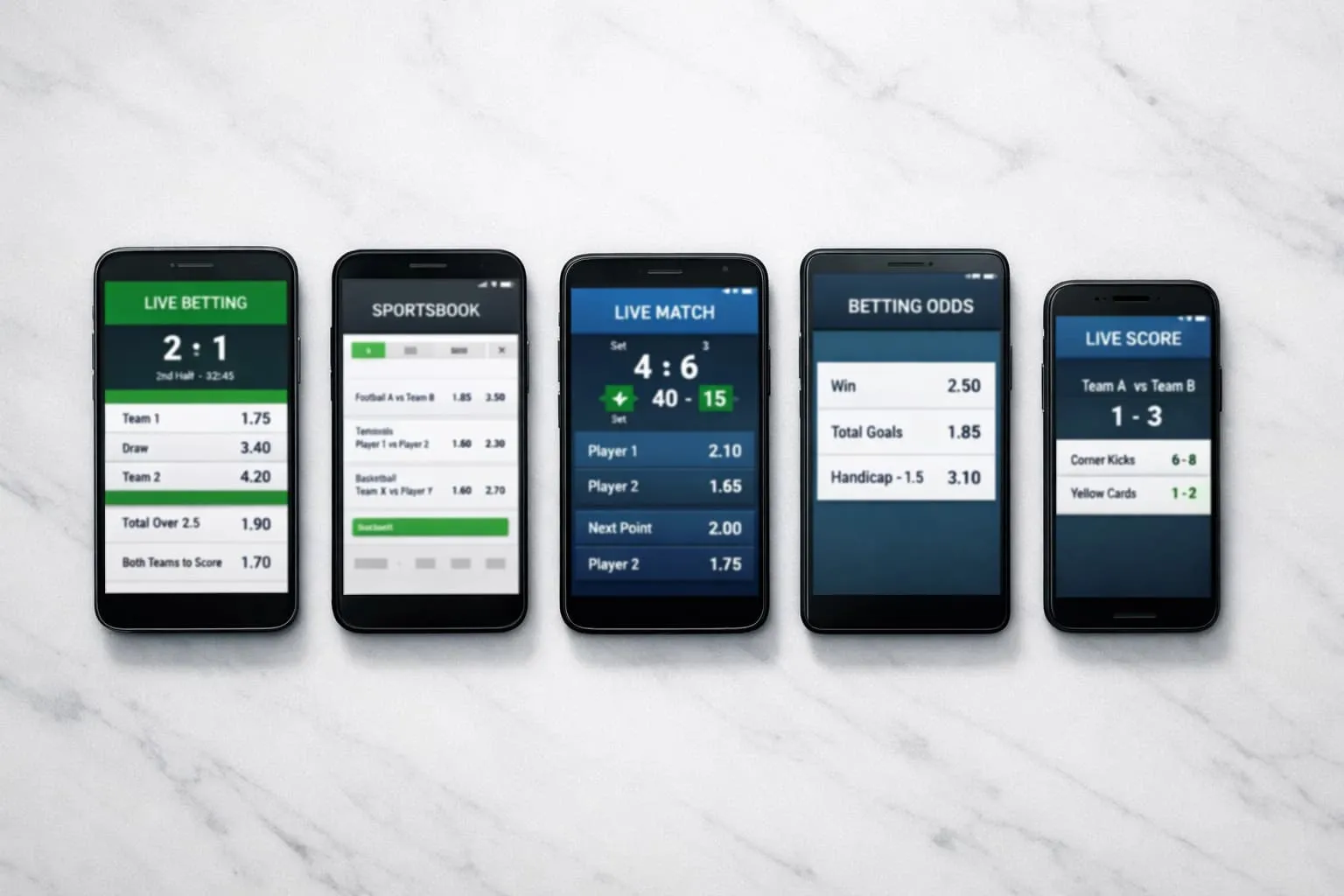 Diversi smartphone allineati su una superficie moderna
