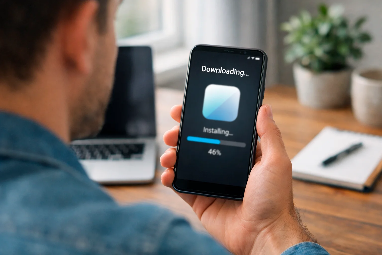 Persona che scarica un'app su smartphone Android