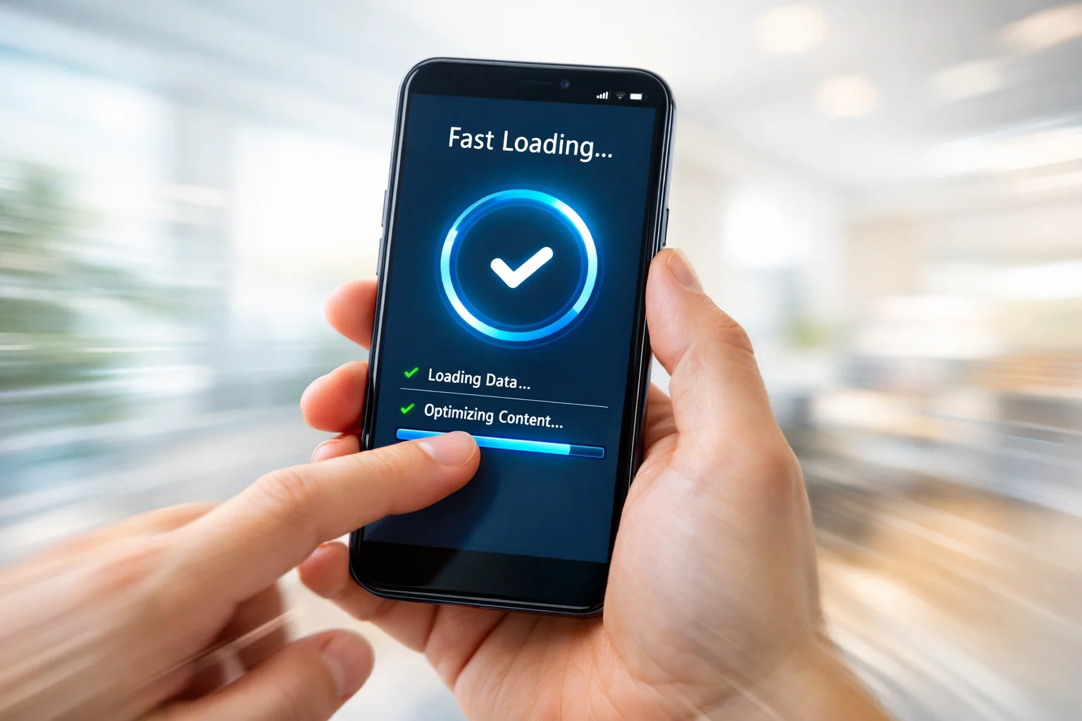 Mano che tiene smartphone con interfaccia veloce e reattiva