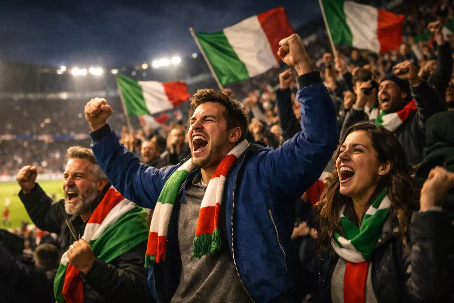 Tifosi che esultano allo stadio durante una partita di calcio