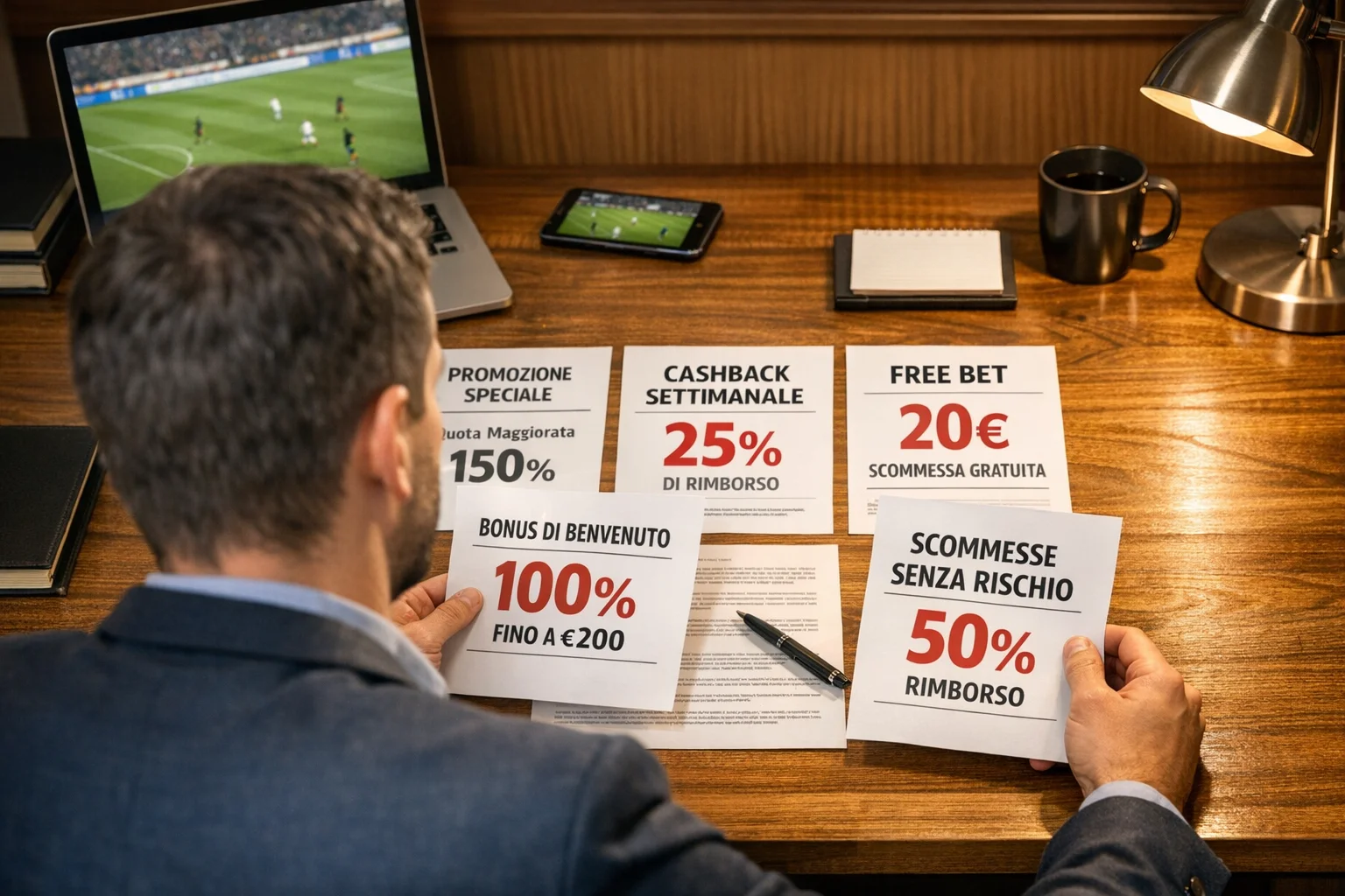 Persona che analizza documenti con offerte promozionali su una scrivania