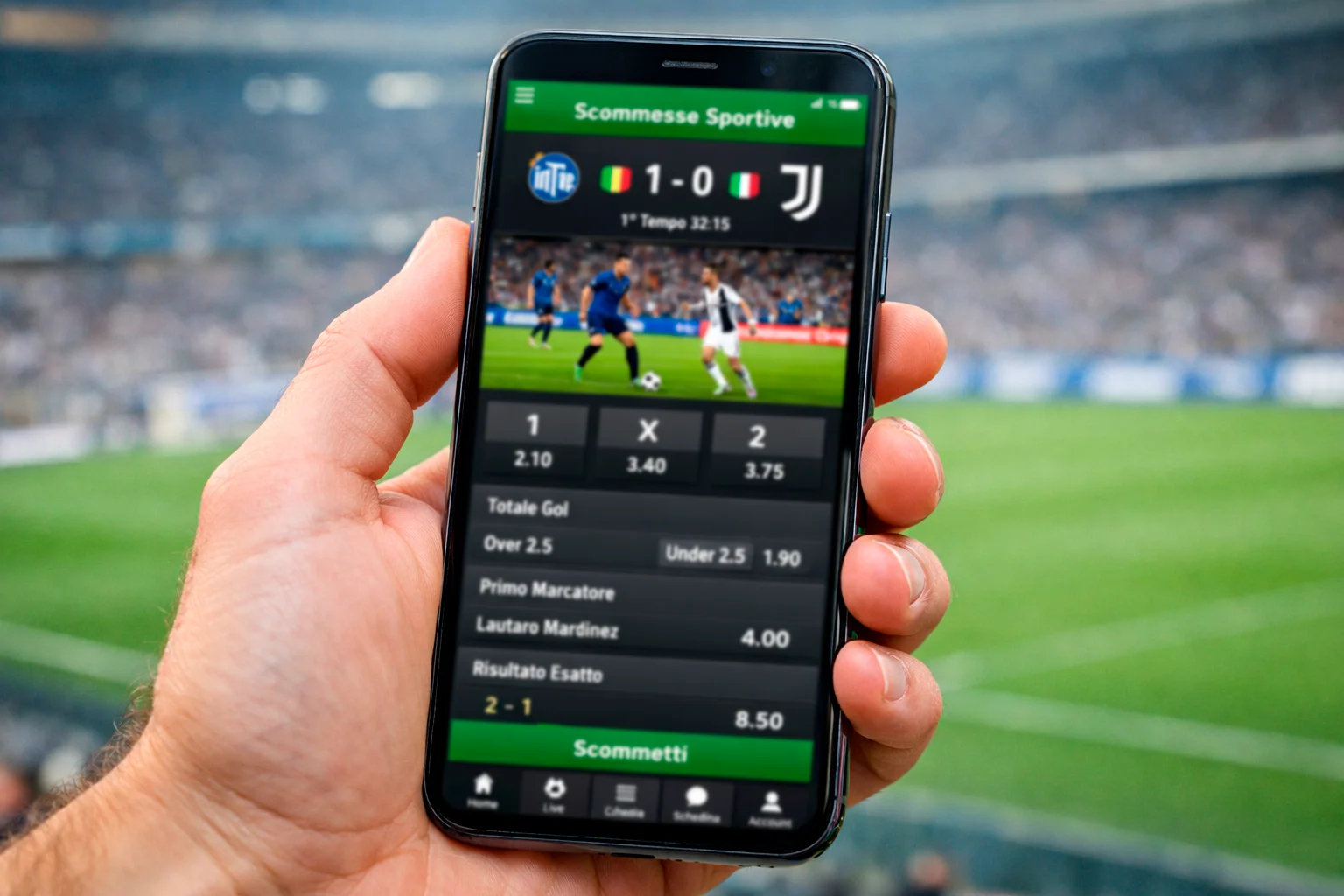 Mano che tiene uno smartphone con applicazione di scommesse sportive