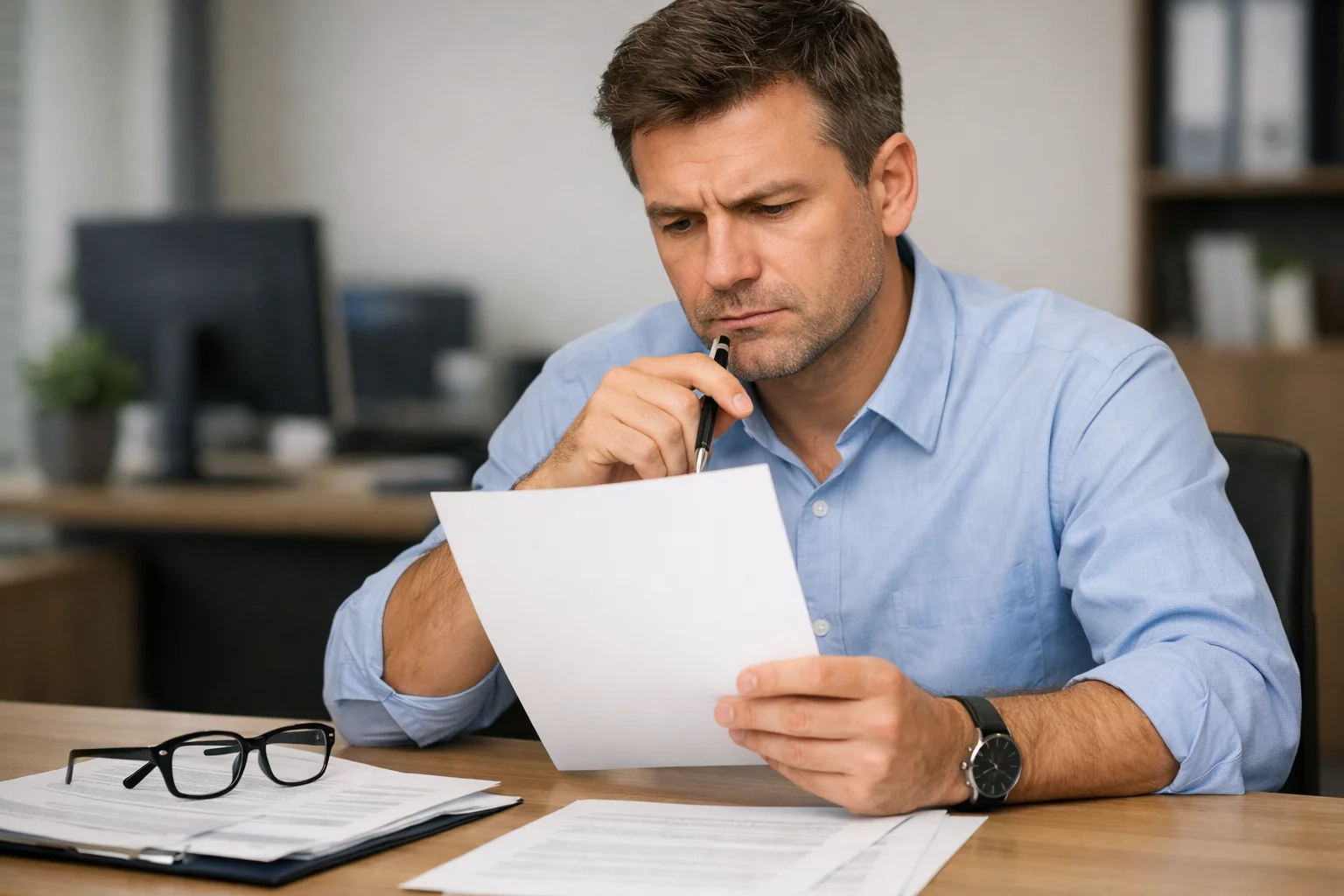 Persona che studia termini e condizioni di un contratto