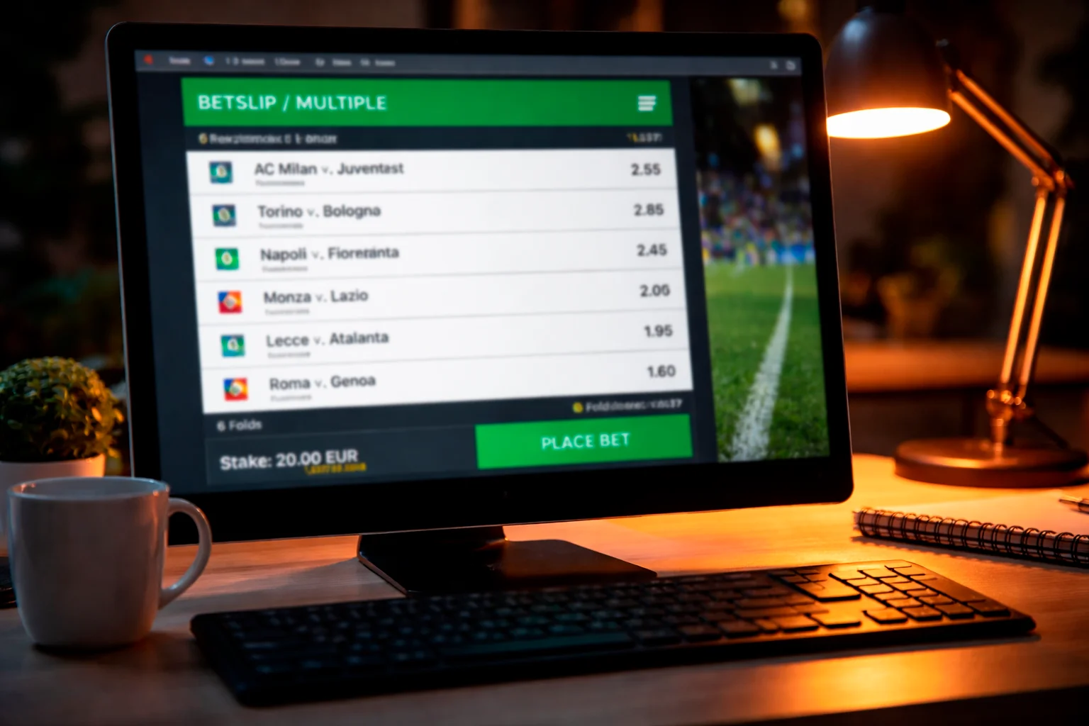 Schermo del computer con schedina multipla di scommesse calcio