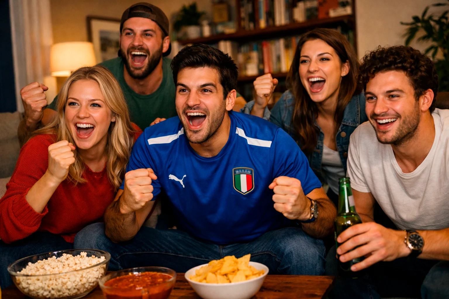 Gruppo di amici che guardano una partita di calcio insieme