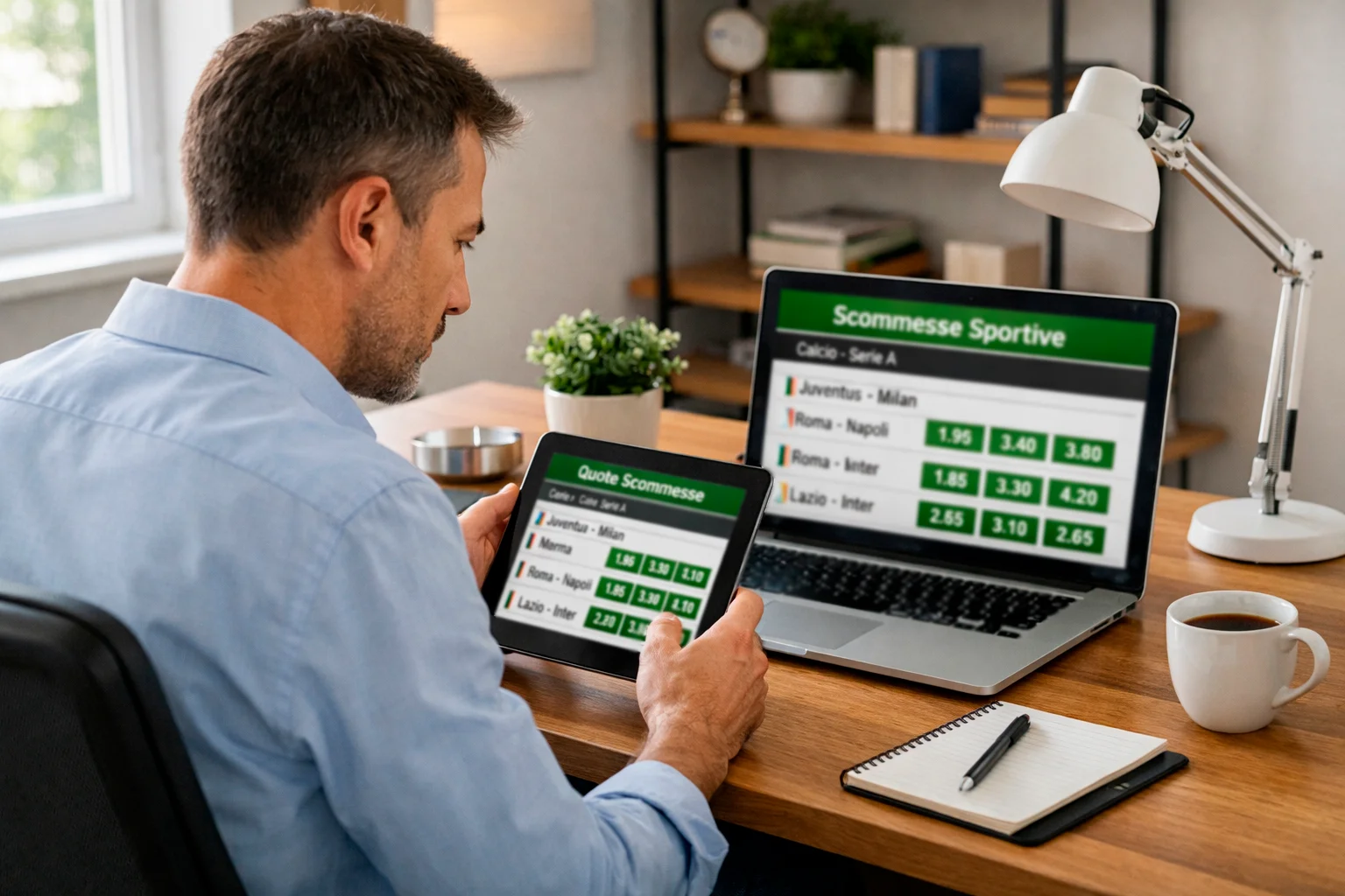Persona che confronta quote di scommesse su tablet e computer