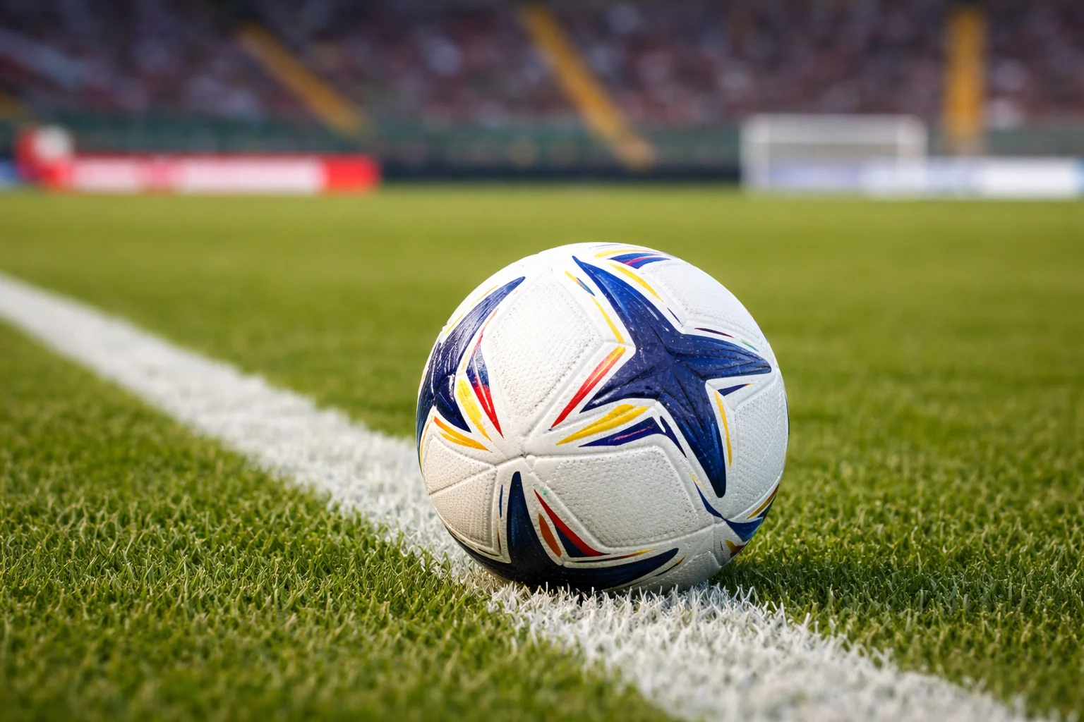 Pallone da calcio su campo in erba con linee bianche