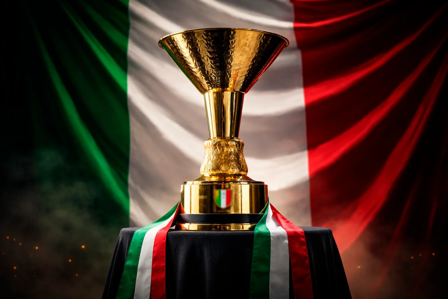 Trofeo della Serie A con bandiera italiana sullo sfondo