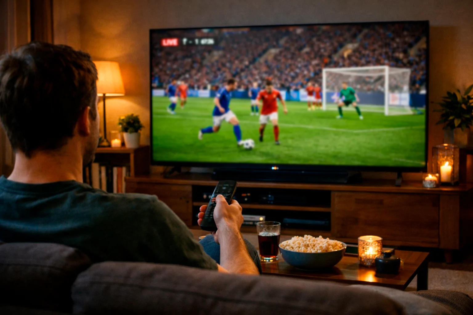 Persona che guarda partita di calcio in diretta su grande schermo