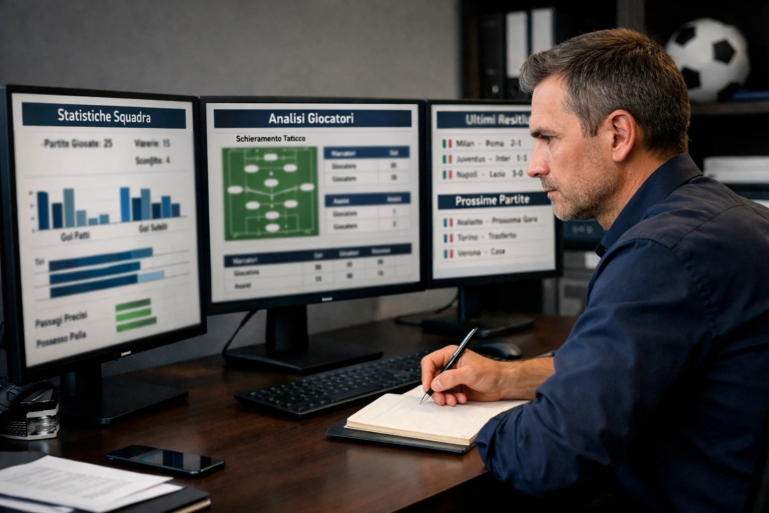 Analista sportivo che studia statistiche di calcio su monitor