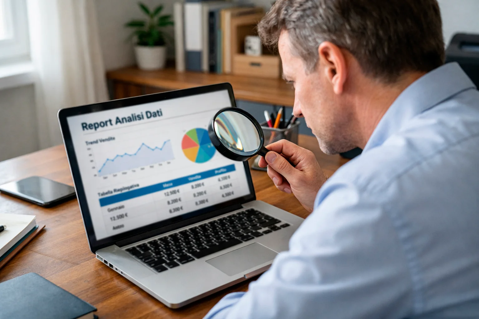 Persona che verifica informazioni su sito web con lente di ingrandimento