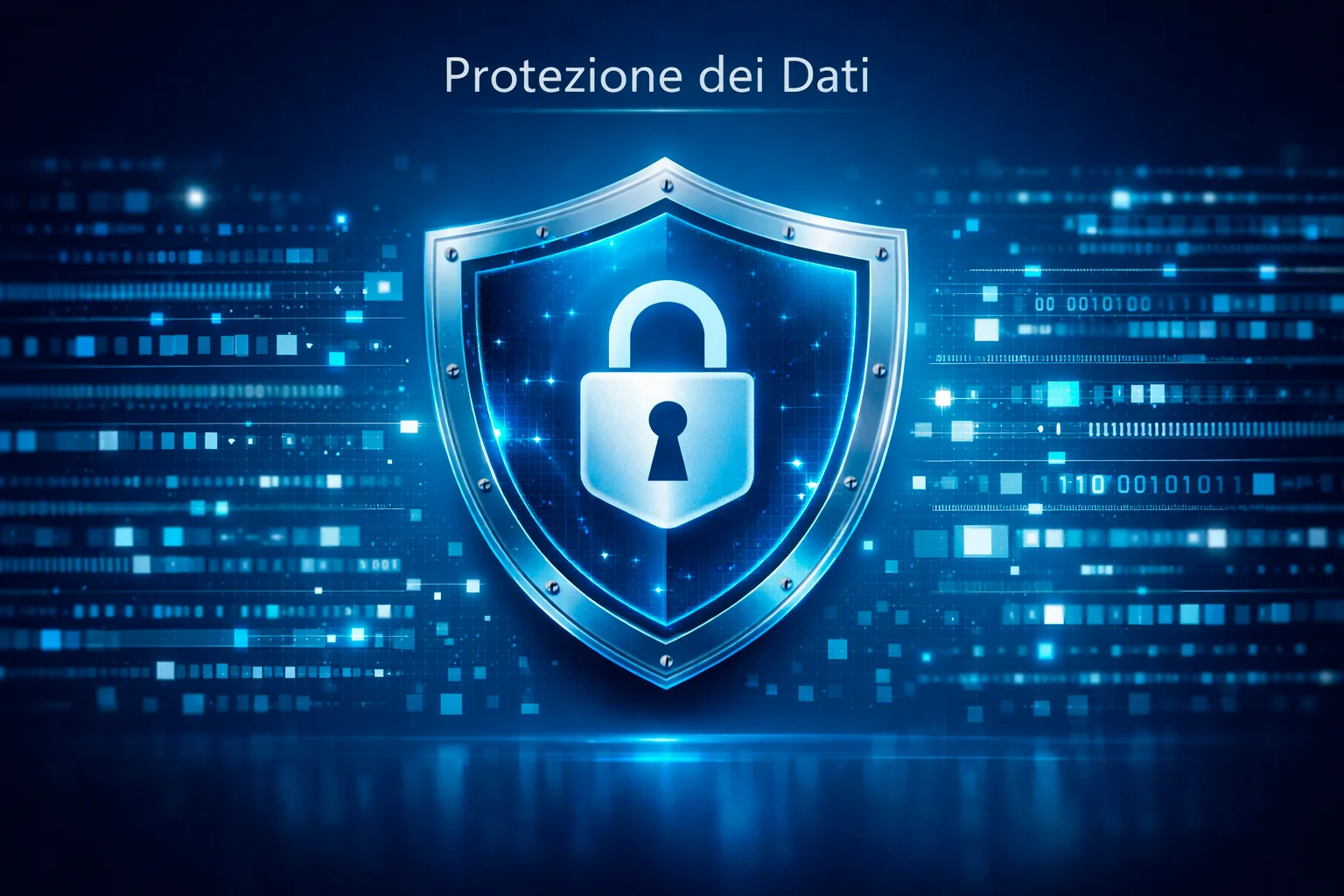 Scudo protettivo con simbolo della privacy e dati criptati