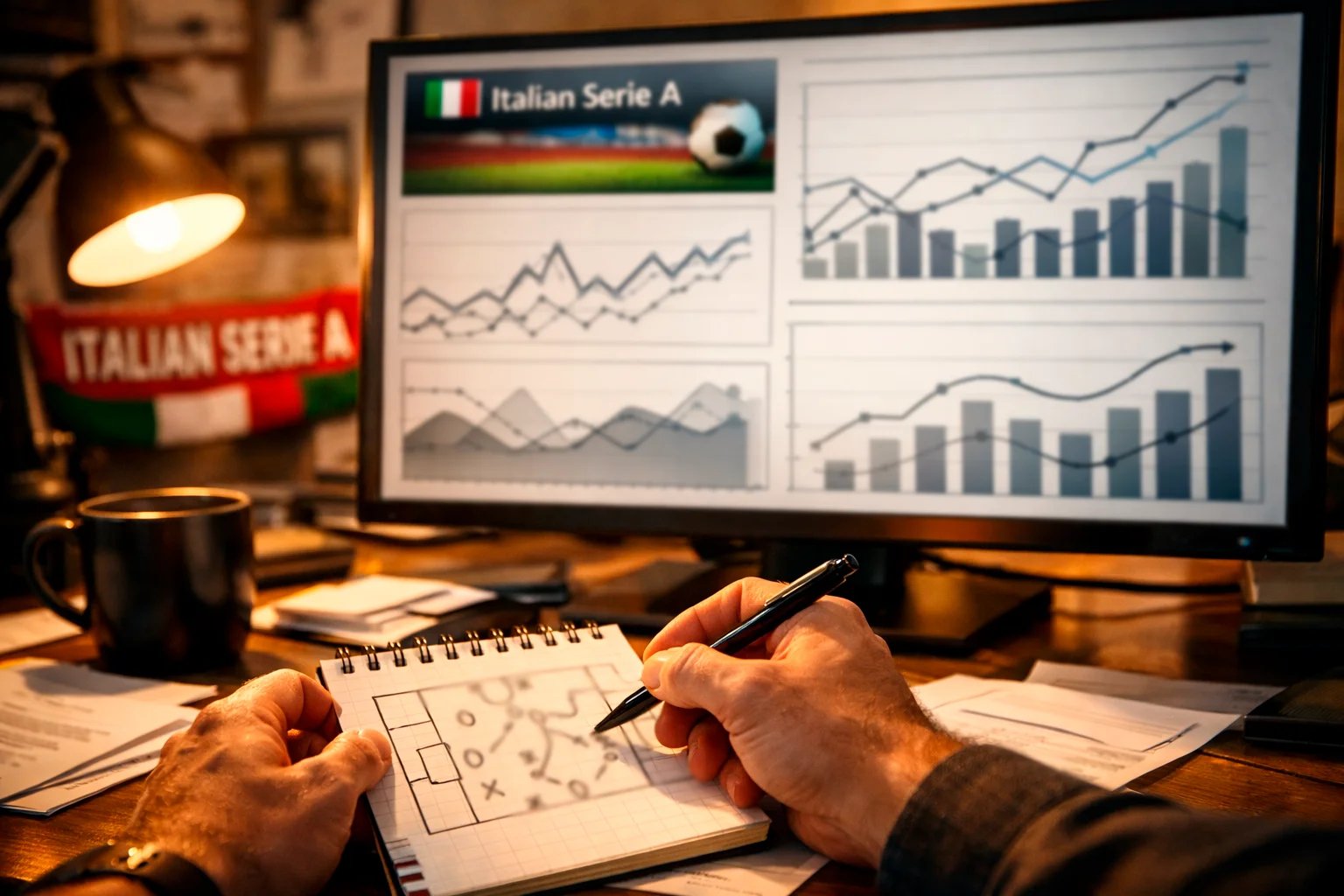 Analista che studia statistiche calcistiche con grafici su schermo