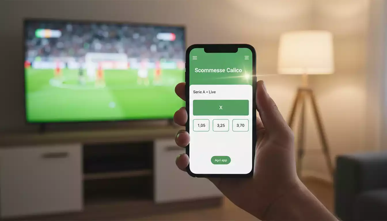 Smartphone con app di scommesse sportive aperta durante una partita di calcio dal vivo