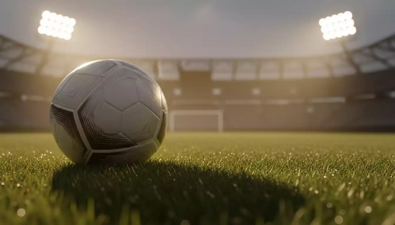 Primo piano di un pallone da calcio su campo in erba con luci dello stadio sullo sfondo