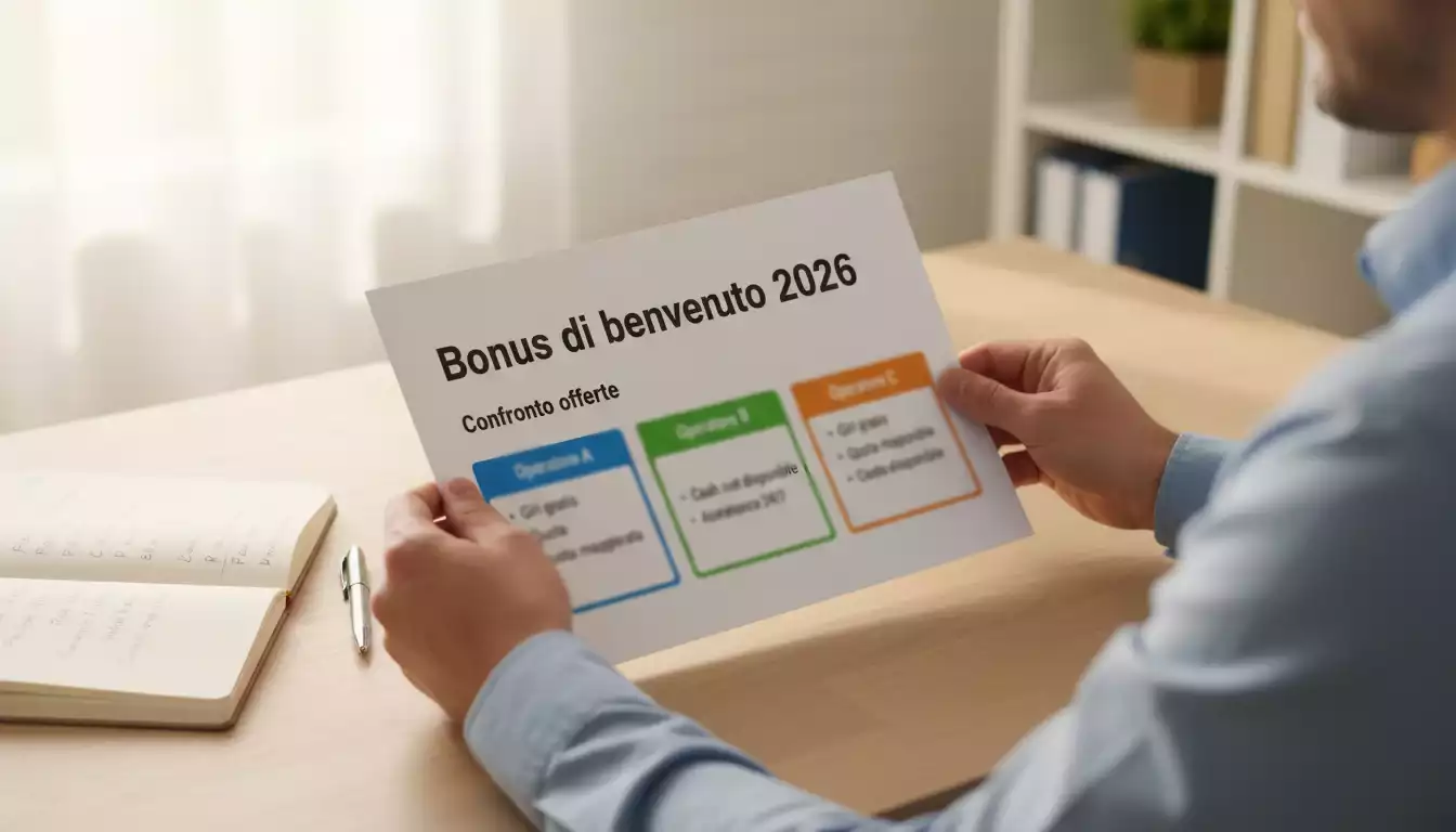 Mano che sfoglia documenti con offerte promozionali di scommesse sportive su un tavolo