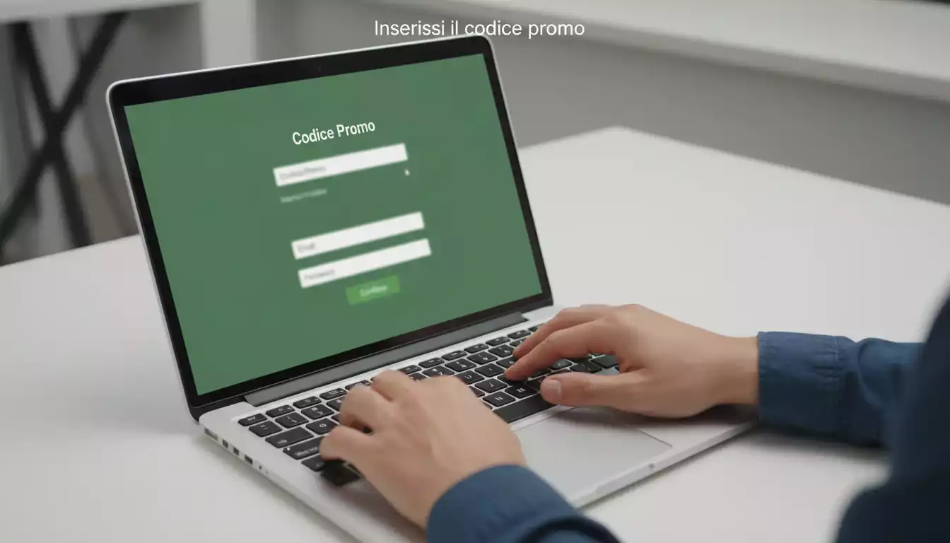 Persona digita un codice promozionale sullo schermo del laptop in un ambiente luminoso