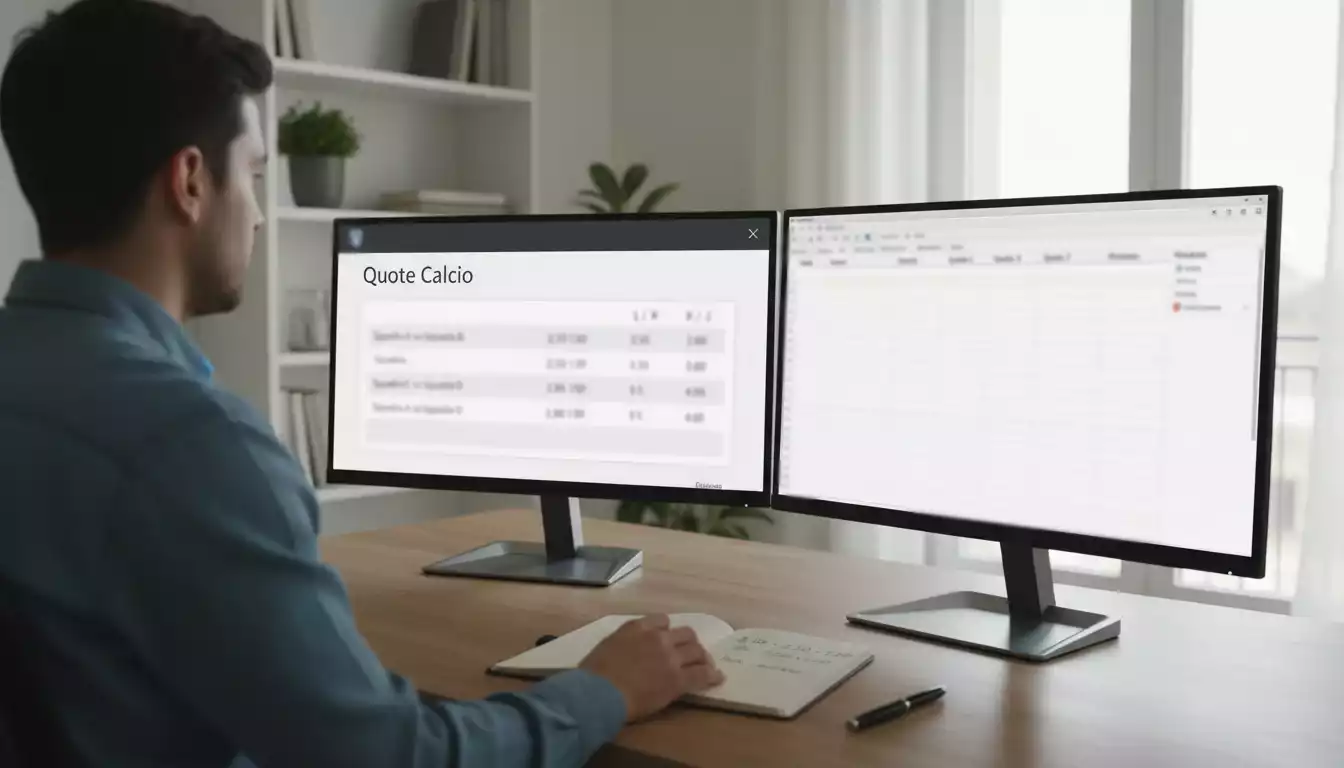 Persona che analizza le quote di calcio su più schermi con partita sullo sfondo