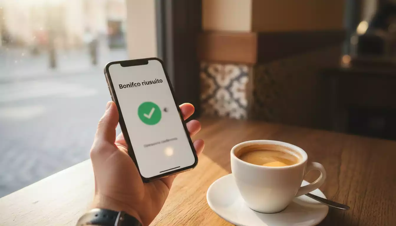 Persona che controlla notifica di accredito bancario sullo smartphone