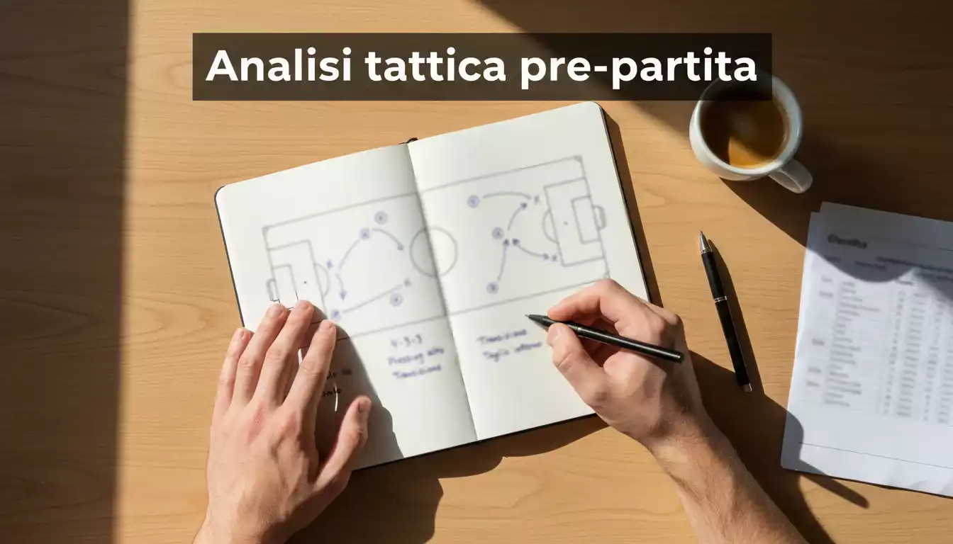 Persona analizza tattiche di calcio su un blocco appunti con campo da calcio sullo sfondo