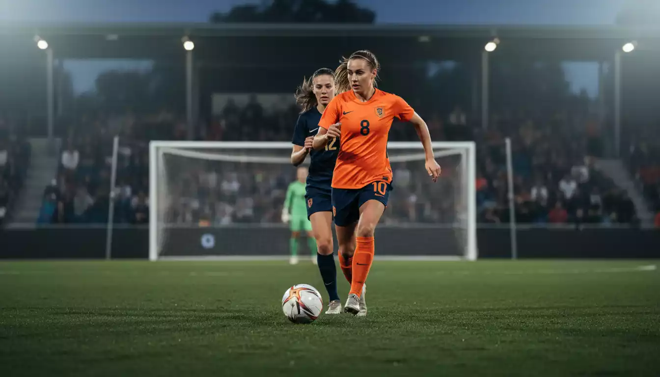 Calciatrice in azione durante una partita di calcio femminile in uno stadio illuminato