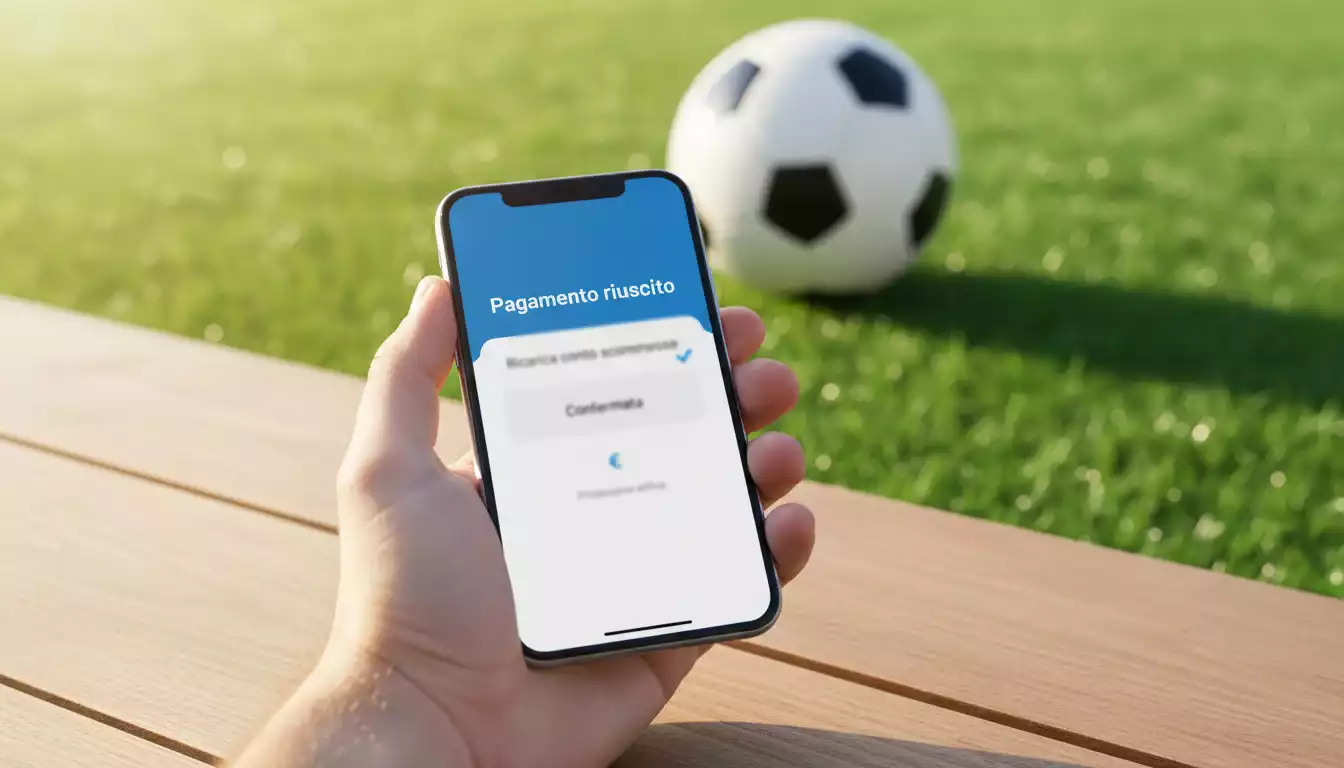 Smartphone con pagamento digitale accanto a un pallone da calcio su erba verde