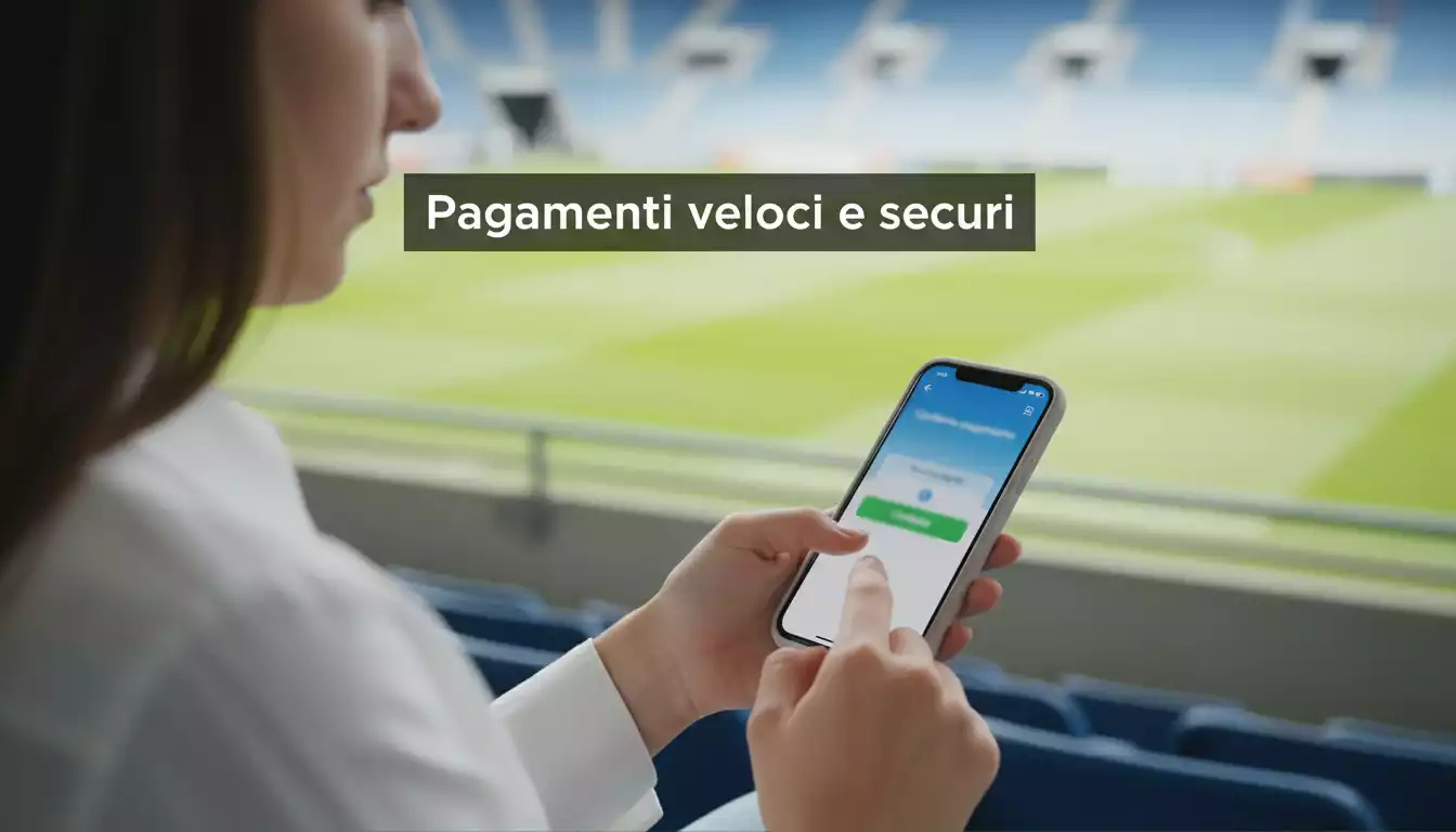 Mano che tiene uno smartphone con app di pagamento davanti a uno stadio di calcio