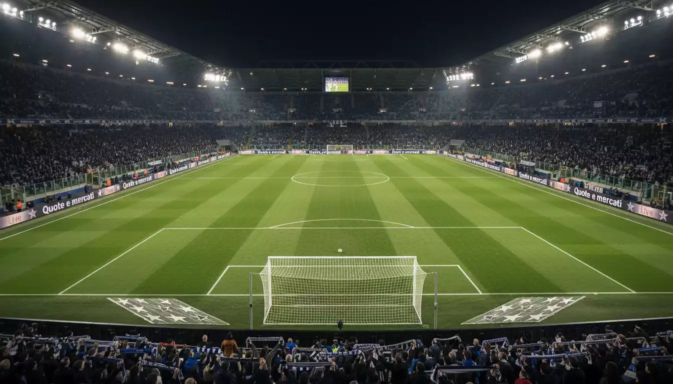 Stadio di calcio europeo illuminato durante una partita serale di Champions League