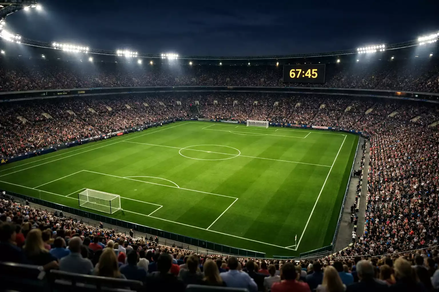 Stadio europeo di calcio illuminato durante una partita serale di Conference League