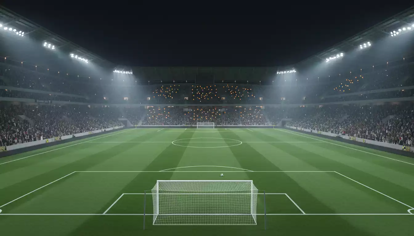 Stadio europeo illuminato dai riflettori durante una partita notturna di Europa League