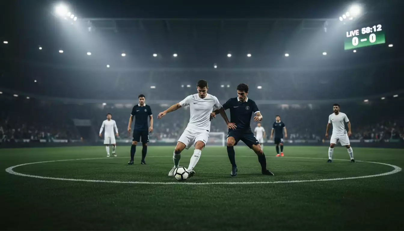 Partita di calcio in corso su un campo verde con tabellone luminoso e tifosi sugli spalti