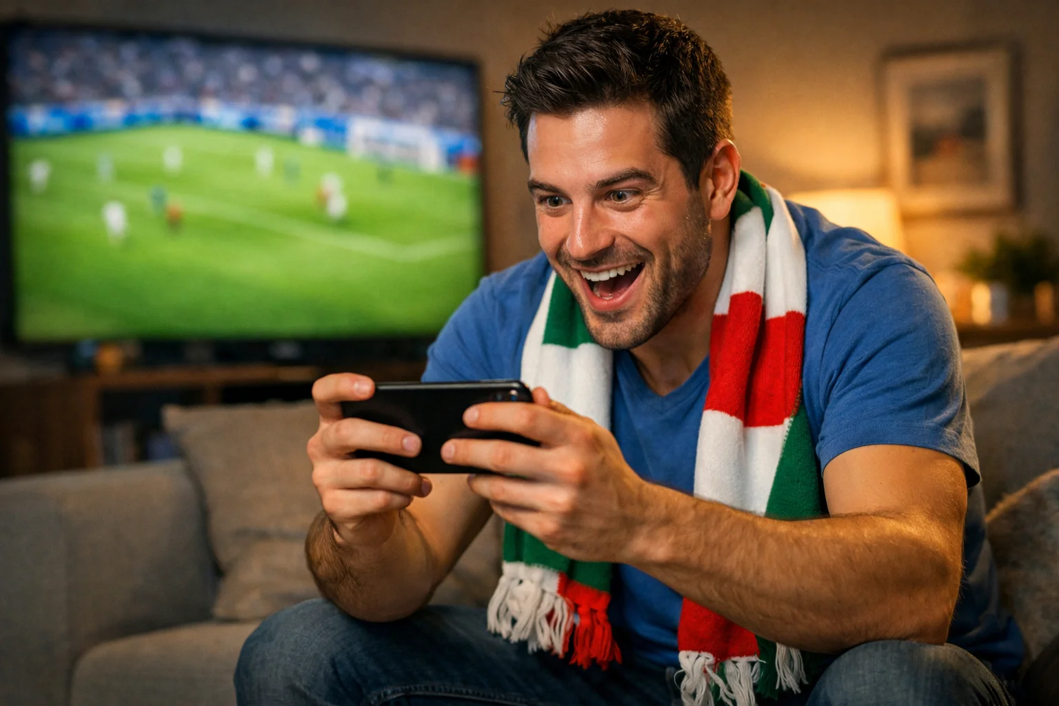 Tifoso che segue una partita di calcio in diretta sullo smartphone