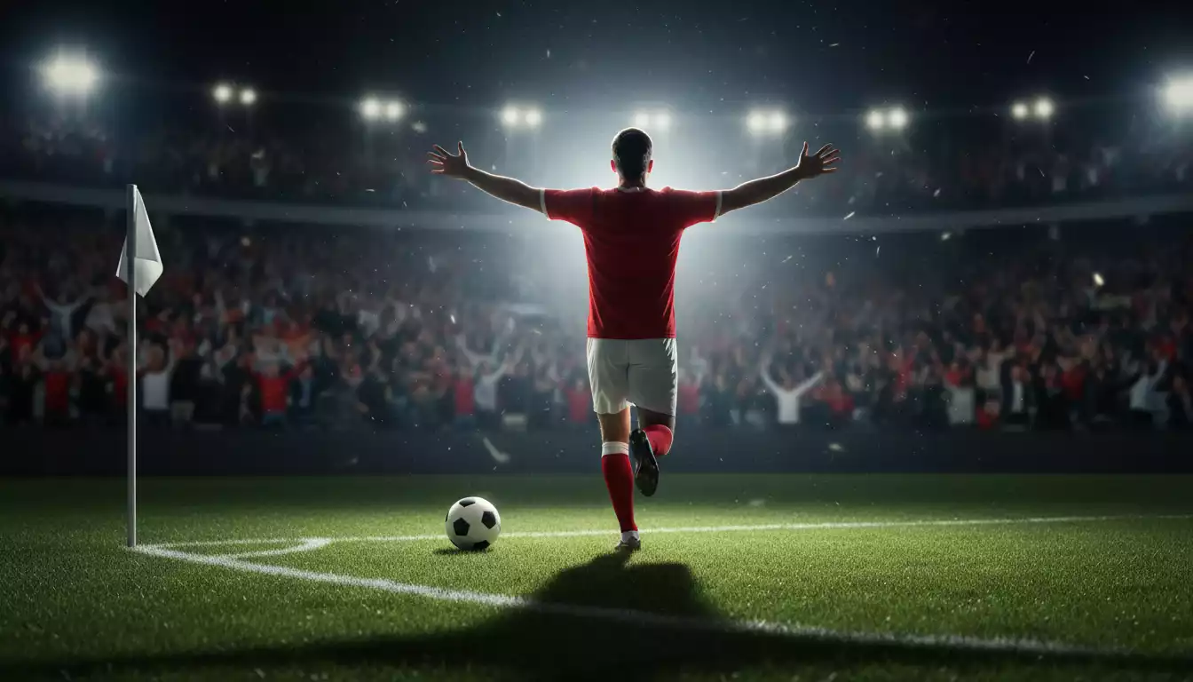 Attaccante esulta dopo un gol sotto i riflettori dello stadio di notte