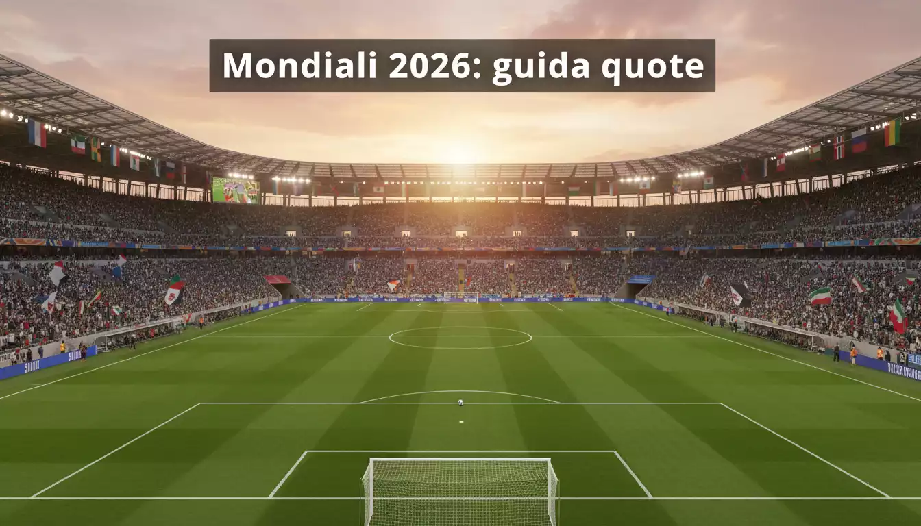 Stadio di calcio illuminato per i Mondiali 2026 con bandiere internazionali