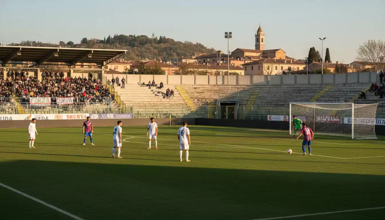 Stadio di Serie B italiano con tifosi sugli spalti durante una partita diurna
