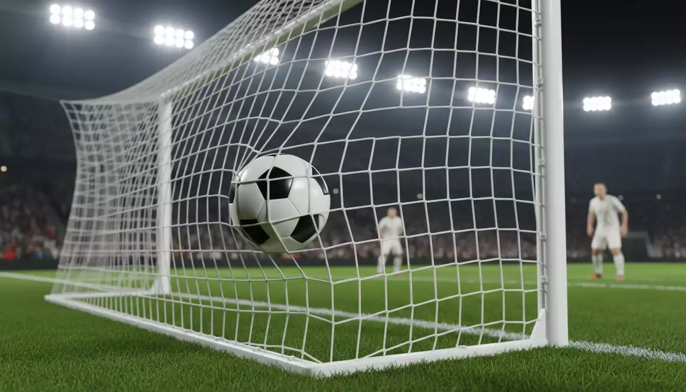 Pallone da calcio che entra in rete visto da vicino con luce drammatica allo stadio